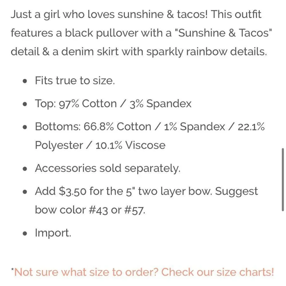 NWT Girls 2 Piece Long Sleeve Top and Jean Skirt Sunshine & Tacos- Size 6-12 Mo